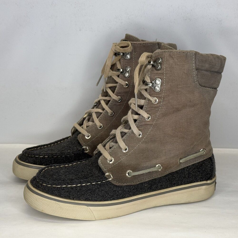Sperry Top Sider Corduroy Bootie Gray Lace Up Moc Toe Ankle Sneaker Shoes Sz 6.5